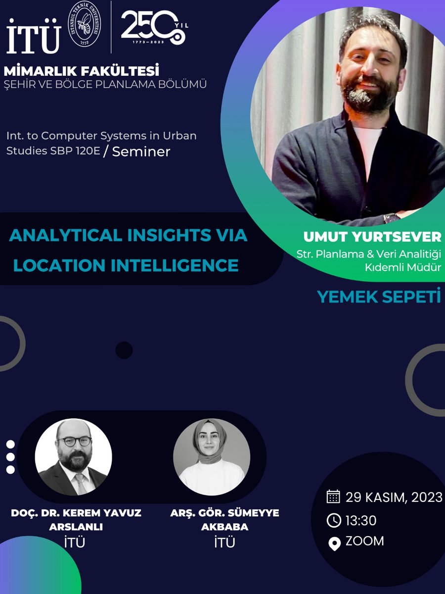 Bu hafta derse sn hocam <a href="/arslanli/">Kerem Y. Arslanlı</a> ile <a href="/yemeksepeti/">Yemeksepeti</a> 'ni davet ettik. Umut Yurtsever ile mekansal yer seçim stratejileri ve lokasyon analizleri üzerine konuşacağız. <a href="/itutaskisla/">İTÜ Mimarlık Fakültesi</a> <a href="/itu1773/">İTÜ - İstanbul Teknik Üniversitesi</a> <a href="/ys_market/">Yemeksepeti Market</a> #urbanplanning #locationanalyses #yemeksepeti
