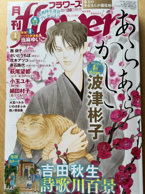 今日発売のフラワーズ1月号に掲載されていて表紙も描かせてもらいました。ヨロシクネ。 表紙は編集部から「絶対猫を入れて」との要望があったのですが、本になったのを見ると猫にいっさい文字がかかっておらず、編集部の執念…もとい配慮を感じます。 主役は猫か。やはり。