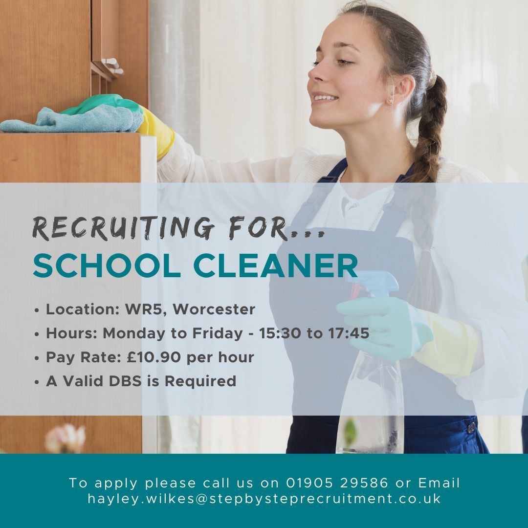 RecruitmentSBS's tweet photo. We're recruiting School Cleaners to work in the WR5 area, Worcester!
• A valid DBS is required • Shifts: Monday to Friday 15.30 – 17.45 • Pay: £10.90 per hour 
Get in touch to register your interest &amp; apply! #WorcestershireHour https://t.co/9nxrVAVZRS