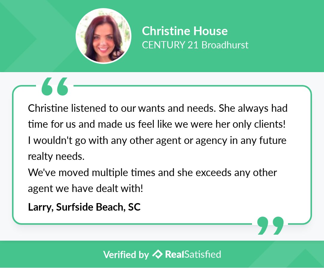 Christine_House's tweet photo. Truly satisfied clients leave me #elated #realsatisfied #Happyclients #ChristineHouse #surfsidebeachsc https://t.co/9F4Xc5NO9n via @realsatisfied https://t.co/ngttOUbgKd