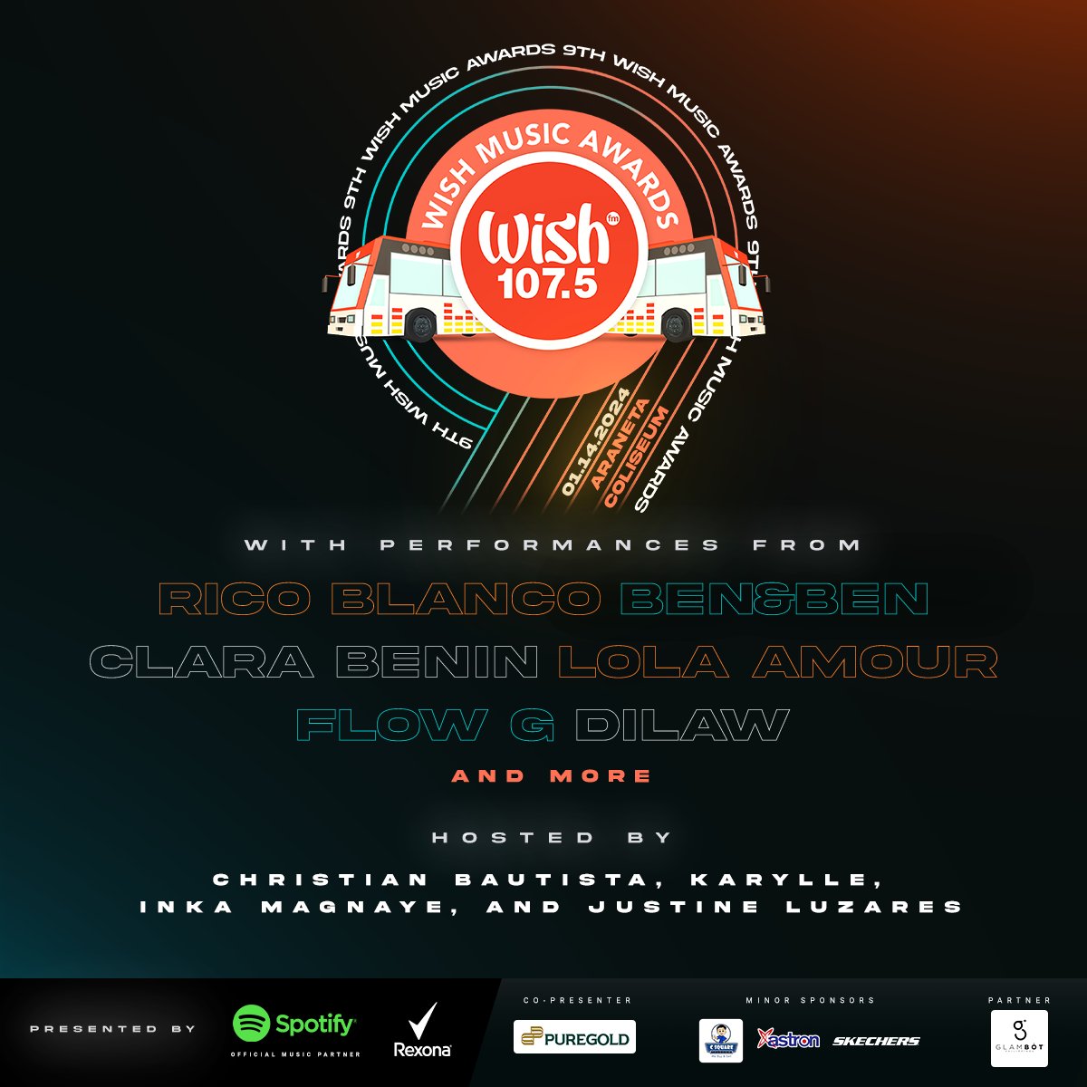 The 9th Wish Music Awards is happening on January 14 at the Big Dome! With performances from Rico Blanco, Ben&amp;Ben, Clara Benin, Lola Amour, Flow G, Dilaw, and more!🎶

The awards night is hosted by Christian Bautista, Karylle, Inka Magnaye, and Justine Luzares.