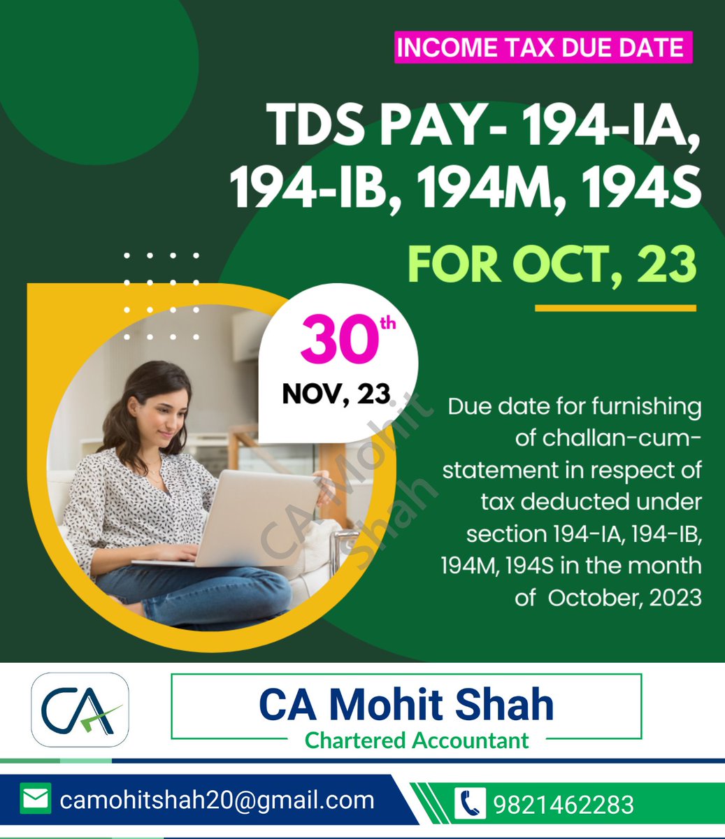 Don't forget to furnish your challan-cum-statement for tax deducted in October 2023. Let's all be responsible taxpayers 

#TDS #TaxDeduction #TDSPayment #IncomeTax #TaxCompliance #FinancialManagement #194IA #194IB #194M #194S
