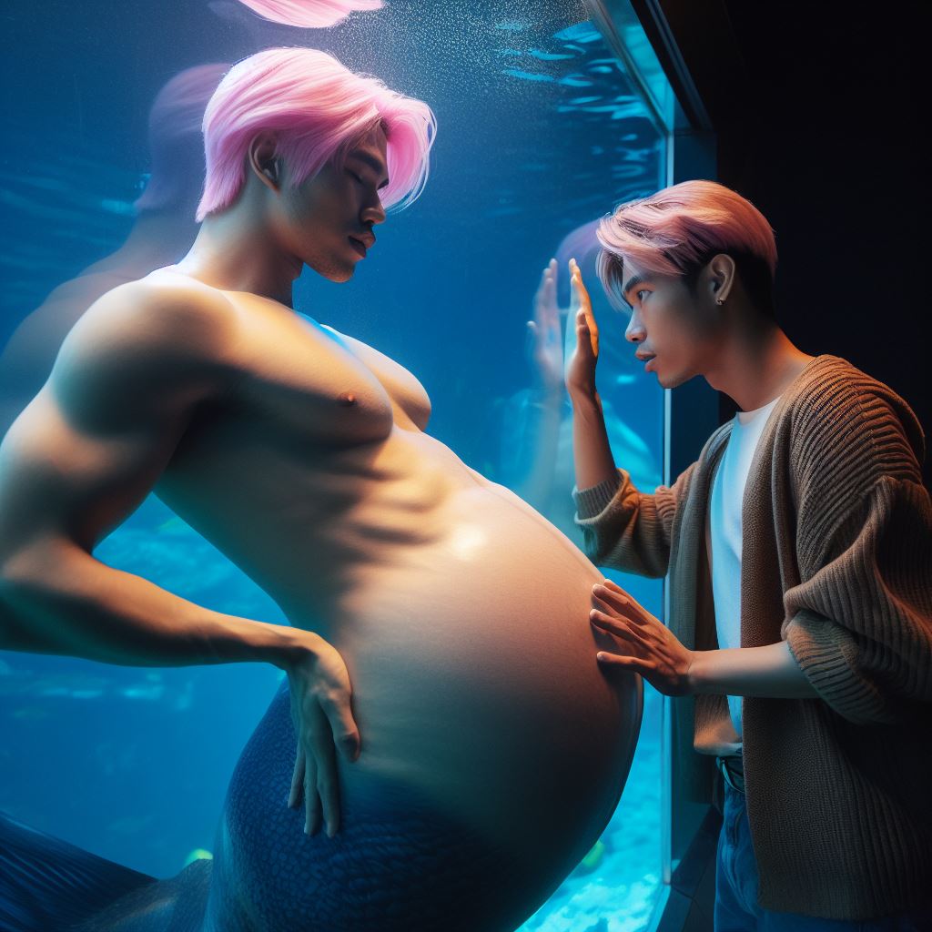 ai_mpreg_daily's tweet photo. Went on a date with my boyfriend to the aquarium, since then he's gone back every night for some reason... 
(cue Aquarium from Saint-Saens Carnival of the Animals.mp3)
-
-
#mpreg #malepregnancy #aigeneratedart #seahorsedad #merman https://t.co/jVJeTE2658