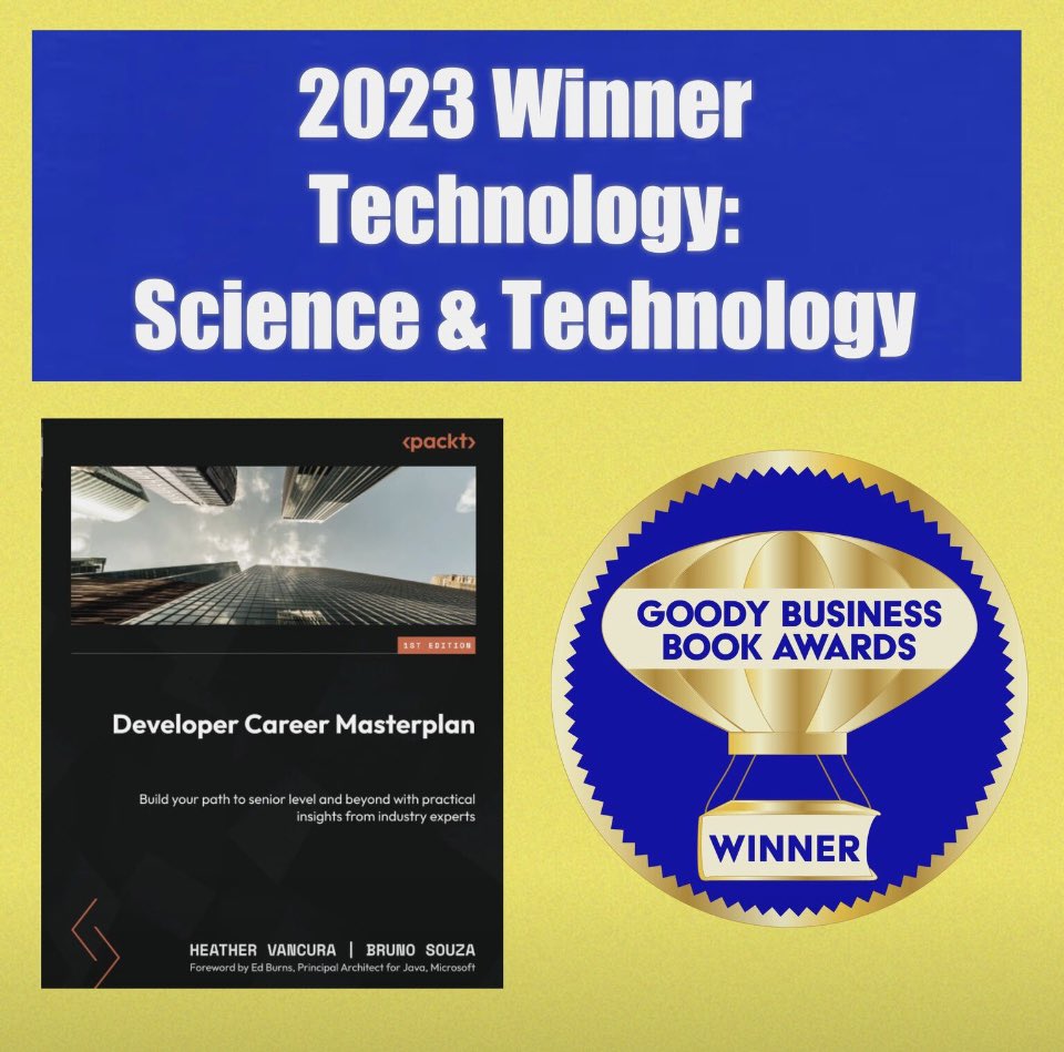 heathervc's tweet image. I am pleased to share that our book &quot;Developer Career Masterplan&quot;, co-authored w/ @brjavaman won the 2023 #GoodyBusinessBookAwards
Check out the book -use the code 25MASTERPLAN for 25% off paperback until 30 Nov  
#bookawards #codingbooks #developerskills 
a.co/d/6ftJBIK
