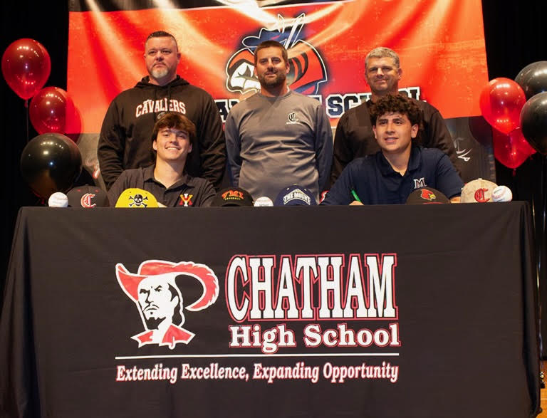 Chatham baseball standouts Kennan Lewis (left) and Alex Van Pelt (right) inked their letters of intent to play collegiate baseball recently. Lewis heads to Virginia Military Institute (VMI) while Van Pelt will attend Mount Saint Mary's.