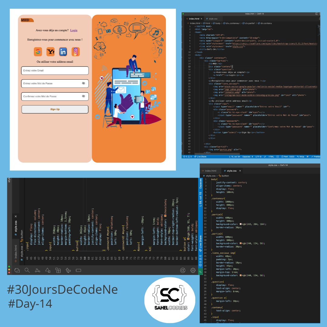 MahamadouBrah67's tweet photo. #30JoursDeCodeNe #day14challenge
Comme le precedent défi, celui aussi consiste à reproduire l'interface d'inscription (sign up) avec #html et #css, that we share our work with you through this publication🥳🤩
@SahelCoders 
@CodeLoccol 
#cs https://t.co/bbxGl178uD