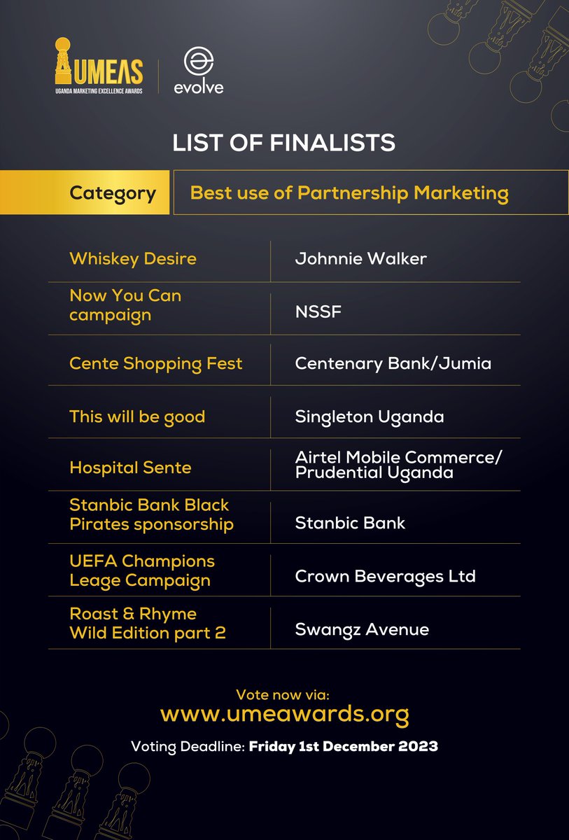 collincanpara1's tweet photo. Which brand do you think made the best use of partnership marketing? Was it @nssfug, @Swangz_Avenue, @crown_beverages or @stanbicug?
Have your say by voting for them at the upcoming #UMEAs.
📲 https://t.co/MgAngWavvZ
Deadline is 1st Dec
#MarketersBiggestNight https://t.co/HWeWuFlSeX