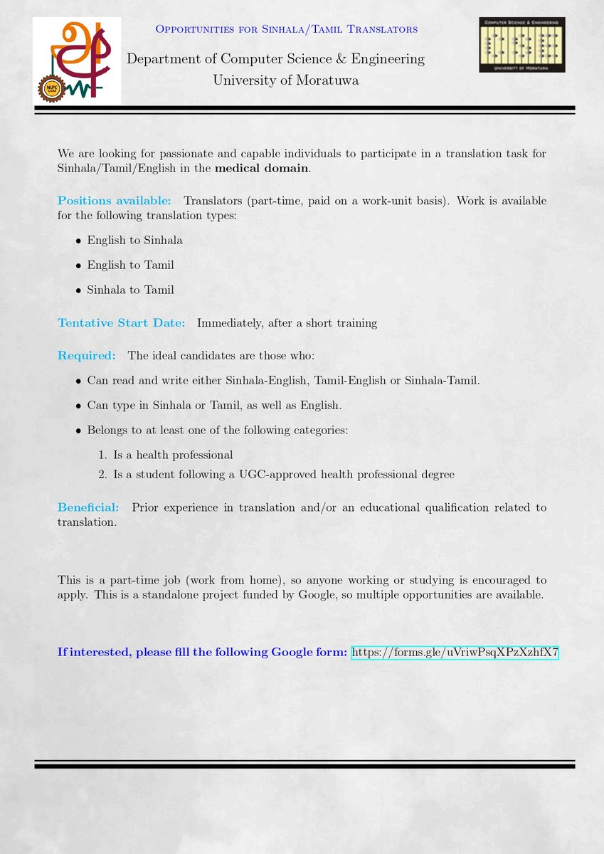 cse_uom's tweet photo. We need the help of health professionals and students to help us in translating these documents. This is a part-time, work-from-home job. 

If you would like to work on this project, please fill out this form: https://t.co/tECgY24on5 https://t.co/VSN6nhDDma
