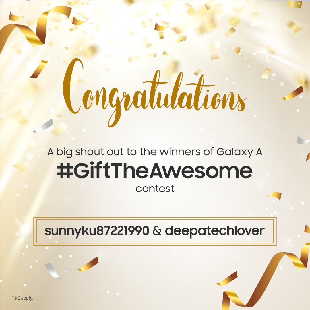 SamsungIndia's tweet photo. Hold your breath, the highly anticipated results are here! Congratulations to the lucky winners of Galaxy A Festive #GiftTheAwesome contest. Your vouchers worth ₹ 10000 are on its way. #AwesomeGalaxyA #Samsung https://t.co/jlRauFsLEB
