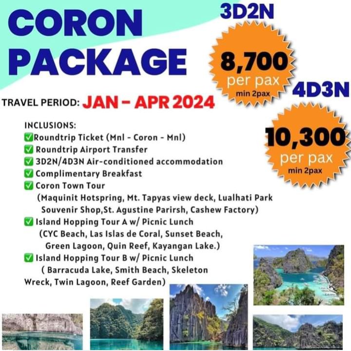 Leshca_Biz's tweet photo. CORON PACKAGE !
January - April 2024
#travelphilippines
#travelpackage
#travelplan
#beautifulplace
#packagetours
#coronphilippines
#booknow https://t.co/P2wtt6kDoG