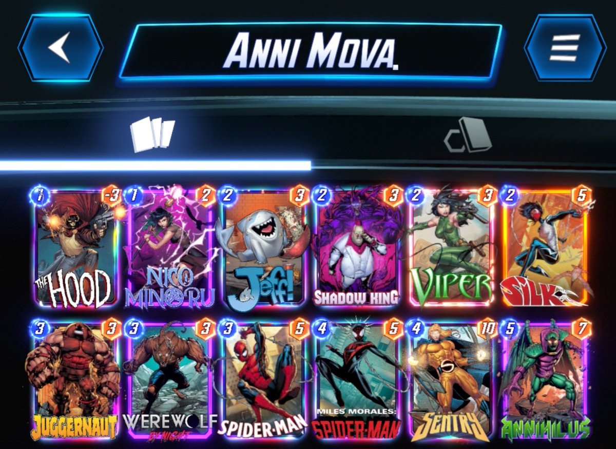 mralexuz's tweet photo. INFINITE, this month was really hard, the new card every week adds a lot of new archetypes, strategies and new ways to know when to snap (still hard for me 🤓), anyways objective completed 🥹✅️ the deck by @RevisSnap 😎 #Infinite #MarvelSnap https://t.co/7ETp8fjgxQ