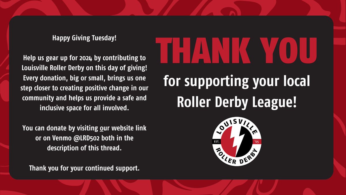 Donate:
louisvillerollerderby.com/donate/
Venmo @LRD502
#WhoAreWe #LRD #WeAreLRD #GivingTuesday #SupportRollerDerby #GiveBack #NonProfit #LouisvilleRollerDerby #RollerDerby #LouisvillesOtherDerby #LouisvilleSports #Louisville #Kentucky #Kentuckiana #SouthernIndiana #Indiana #LRDStrong