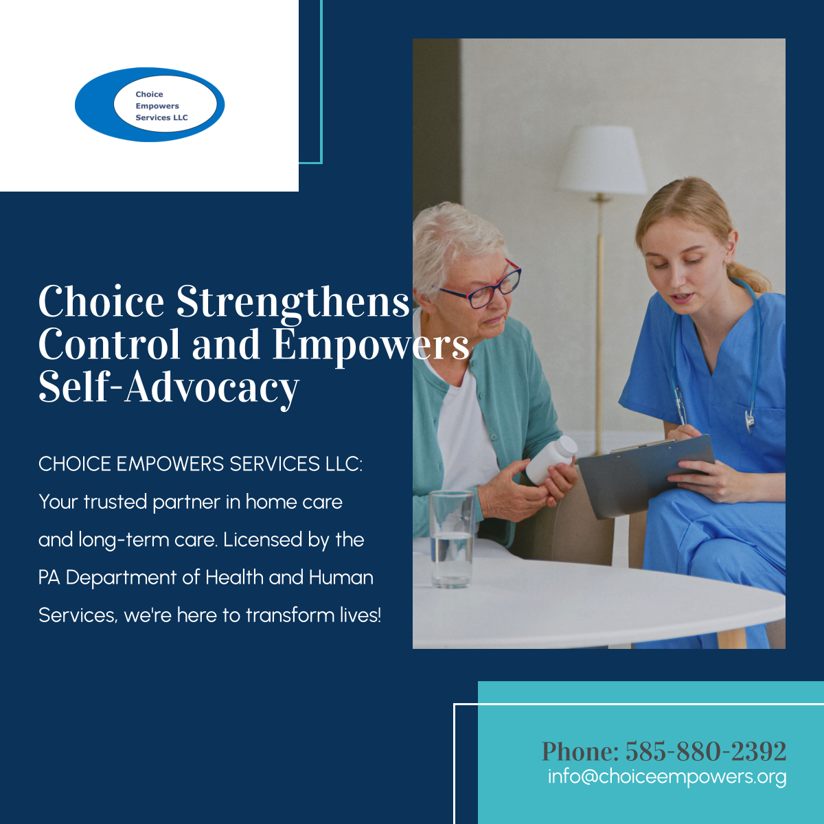 choiceempowers's tweet photo. Choice Empowers Services LLC is licensed by the Pennsylvania Department of Health and Human Services to provide Home Care and Long-term Care Services. Discover how our services can transform lives. Contact us for more information.

#HomeCare #montco #ChoiceEmpowersServiceLLC https://t.co/91QYEfeYMQ