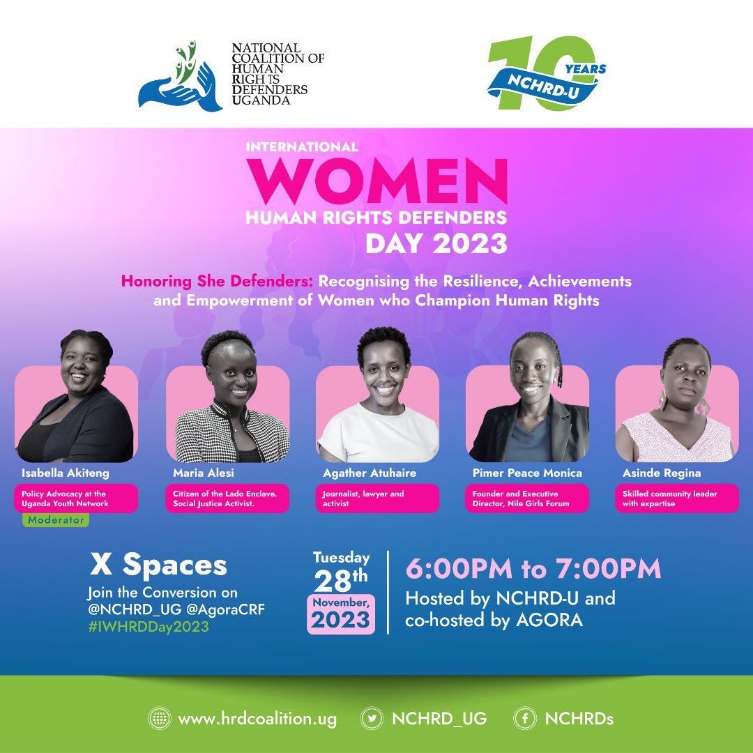 This #WomenHumanRightsDefendersDay, our ED will be sharing on a panel together with other amazing women human rights defenders. The space will be hosted today by @NCHRD_UG and @AgoraCFR  from 6:00PM to 7:00PM.
#HopeRenewed 
#TogetherWeDefend

#IWHRDDay2023