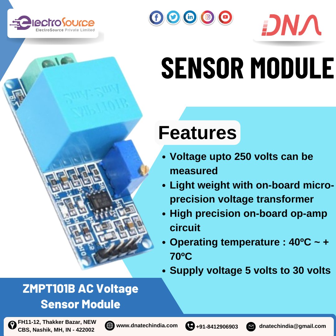 dnatechindia's tweet image. Sensor Module
ZMPT101B AC Voltage Sensor Module
#sensor #sensormodule #voltage #volts #measured #lightweight #onboard #microprecision #transformer #circuit #operatingtemprature #supplyvoltage #volts #electricalengineering #ElectronicsSale #partsforsale #nashikcity