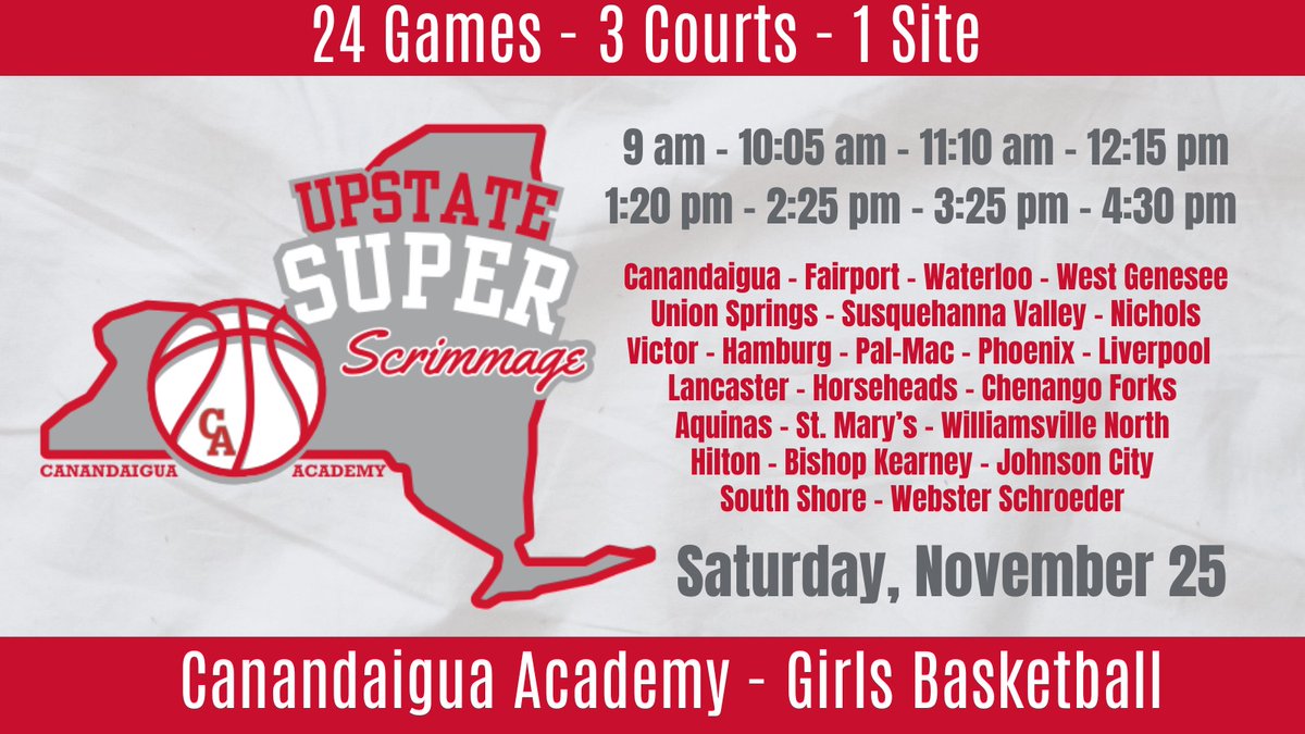 CA Girls Basketball (@cagrlsbball) on Twitter photo The very best teams from Buffalo 2 Brooklyn. Multiple state champions and Finalists. Many sectional Champions and finalists. DIV 1, 2 and 3 Coaches recruiting all at <a href="/CAGrayWolves/">Canandaigua Athletics</a> this Saturday! Free Admission!
<a href="/SuptFarr/">Supt Farr</a> <a href="/NYSTakeover/">Empire State Takeover</a> <a href="/SheHoopsNY/">She Hoops - NY</a> <a href="/PrimetimeBall_/">Primetime585⭕️</a> @585GirlsHoops The very best teams from Buffalo 2 Brooklyn. Multiple state champions and Finalists. Many sectional Champions and finalists. DIV 1, 2 and 3 Coaches recruiting all at <a href="/CAGrayWolves/">Canandaigua Athletics</a> this Saturday! Free Admission!
<a href="/SuptFarr/">Supt Farr</a> <a href="/NYSTakeover/">Empire State Takeover</a> <a href="/SheHoopsNY/">She Hoops - NY</a> <a href="/PrimetimeBall_/">Primetime585⭕️</a> @585GirlsHoops