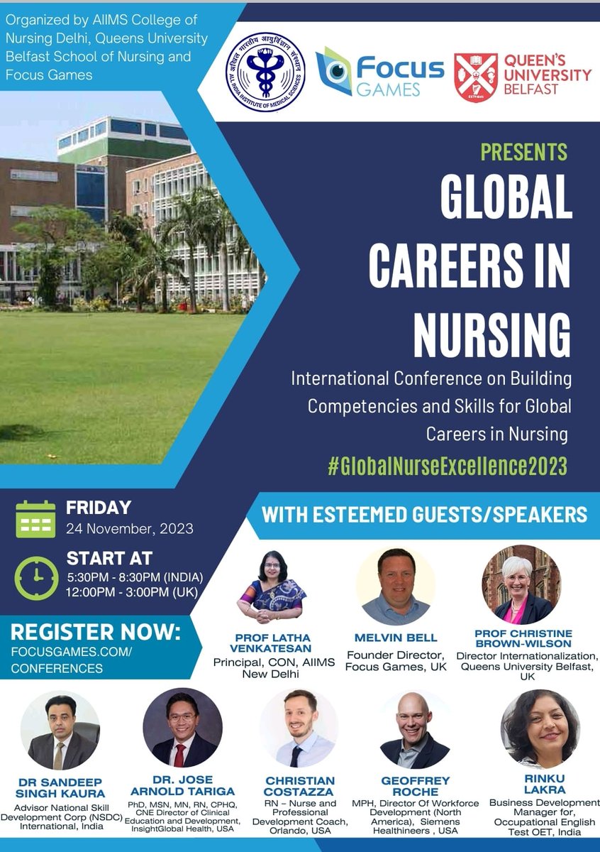 Invitation

International Conference on Building Competencies and Skills for *Global Careers in Nursing* (Online event)

Organized by the College of Nursing, AIIMS Delhi, Queens University Belfast UK and Focus Games UK.
Register here to participate: use : meeting.zoho.eu/meeting/regist…