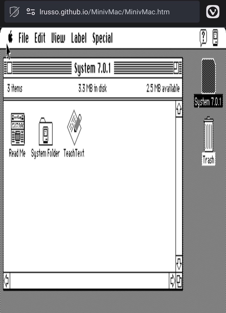 fabrizio_degni's tweet photo. Let me share a cool site on #GitHub where you can play an almost perfect #Apple #MacMini emulation with #System7 (7.0.1). It's like turning back the clock to 1991, when an OS was packed within 6 MB.

https://t.co/6s7IvAGcju

#retro #emulation #retromachine #history  #Curiosity https://t.co/JsrGddOEsH