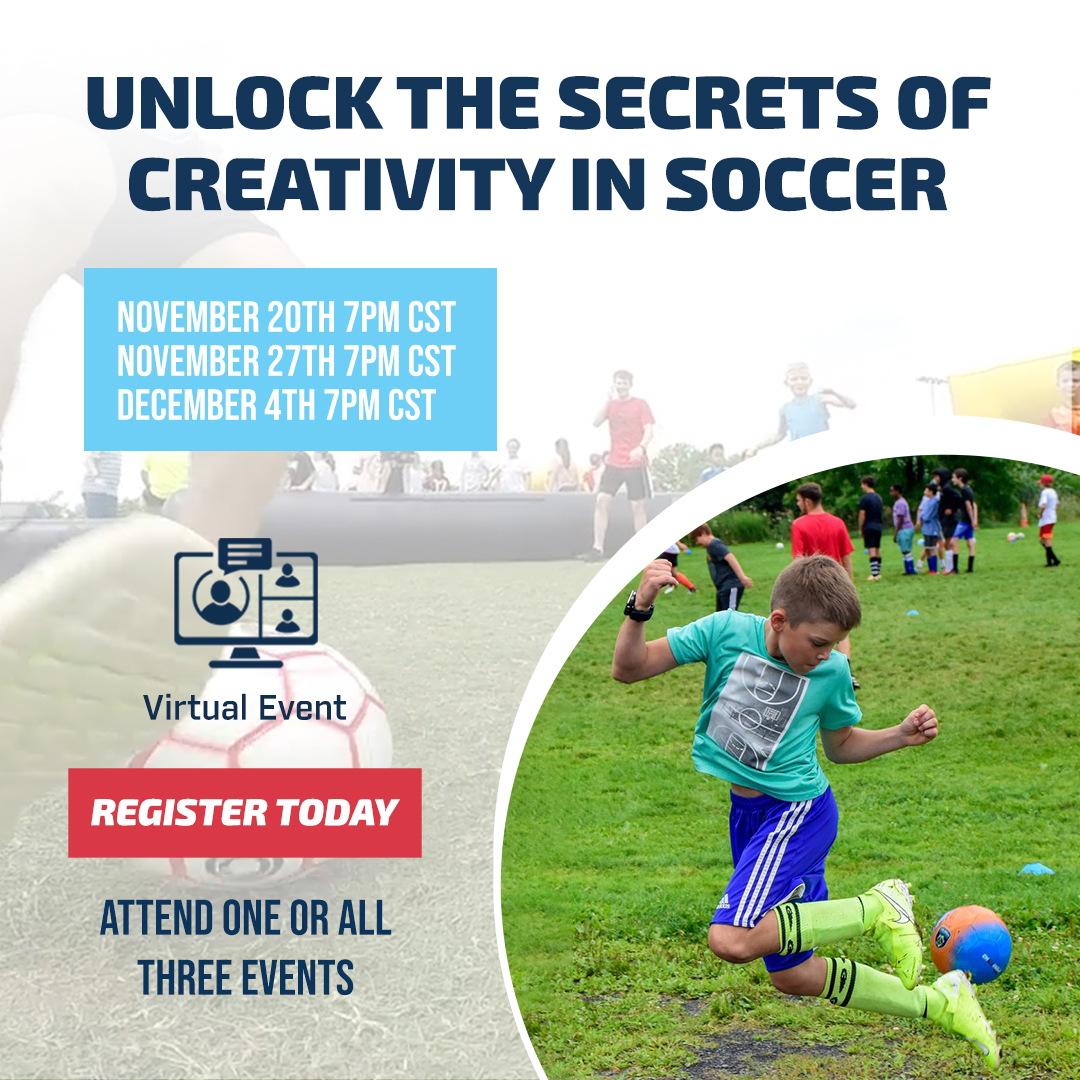 Today is the first day of our event series ⚽ Sign up for this game-changing virtual experience: 'Unlocking Soccer's Creativity Secrets!' 🚀 📅 Date: Nov 20th, Nov 27th, and Dec 4th at 7 pm CST 📚 Free training resource for attendees! hubs.la/Q029twky0