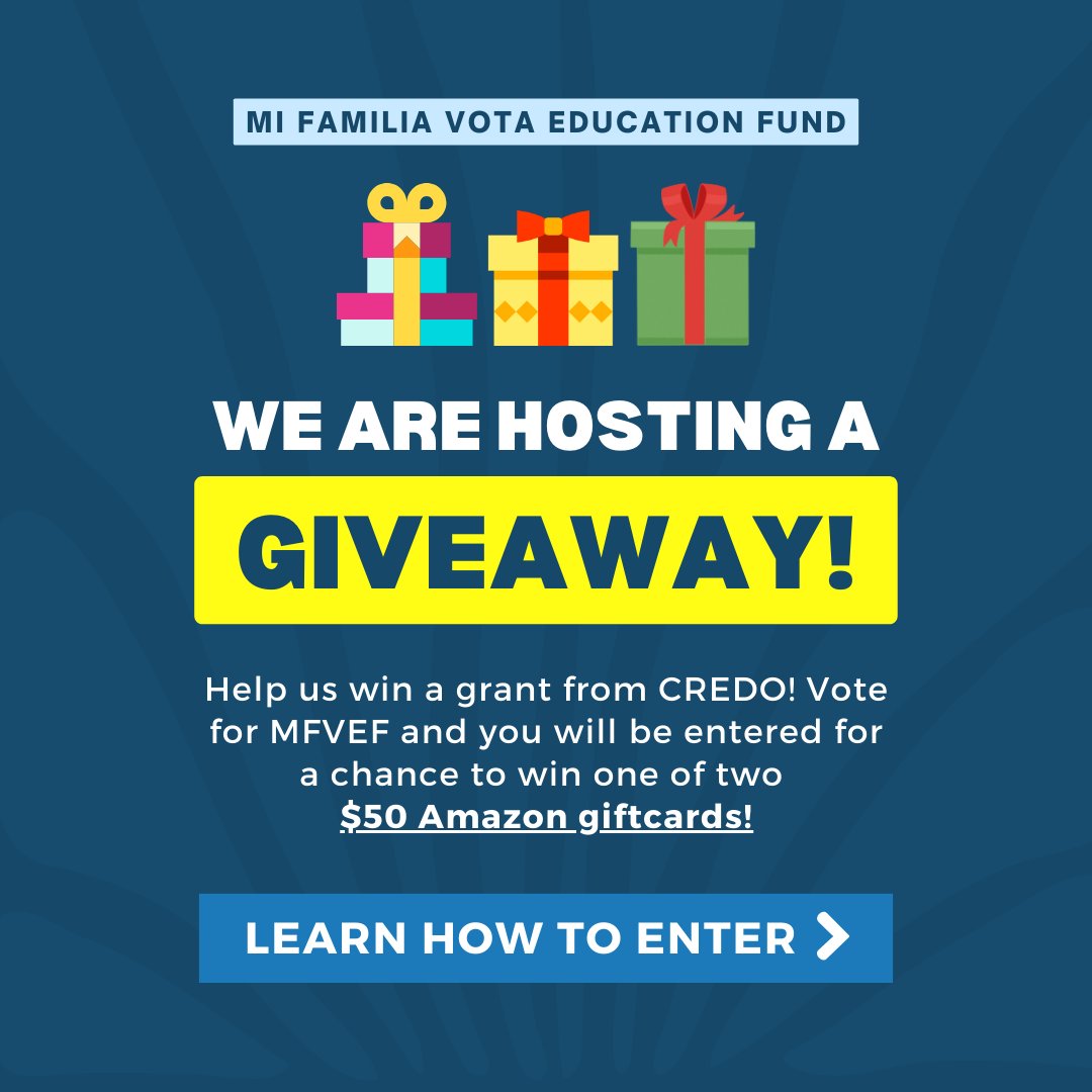 MiFamiliaVota's tweet photo. ✨G I V E A W A Y ✨ we will be raffling 2 $50 Amazon gift cards in an effort to win a grant from @CREDOMobile! 🙌🏽 To win: 
☑️ VOTE for MFV at https://t.co/fsxwNG8HEG
☑️ rt this post 
☑️ follow @mifamiliavota
☑️ tag 3 friends in this post

Thanks for your continued support 🙏 https://t.co/3Y9cP4mWil