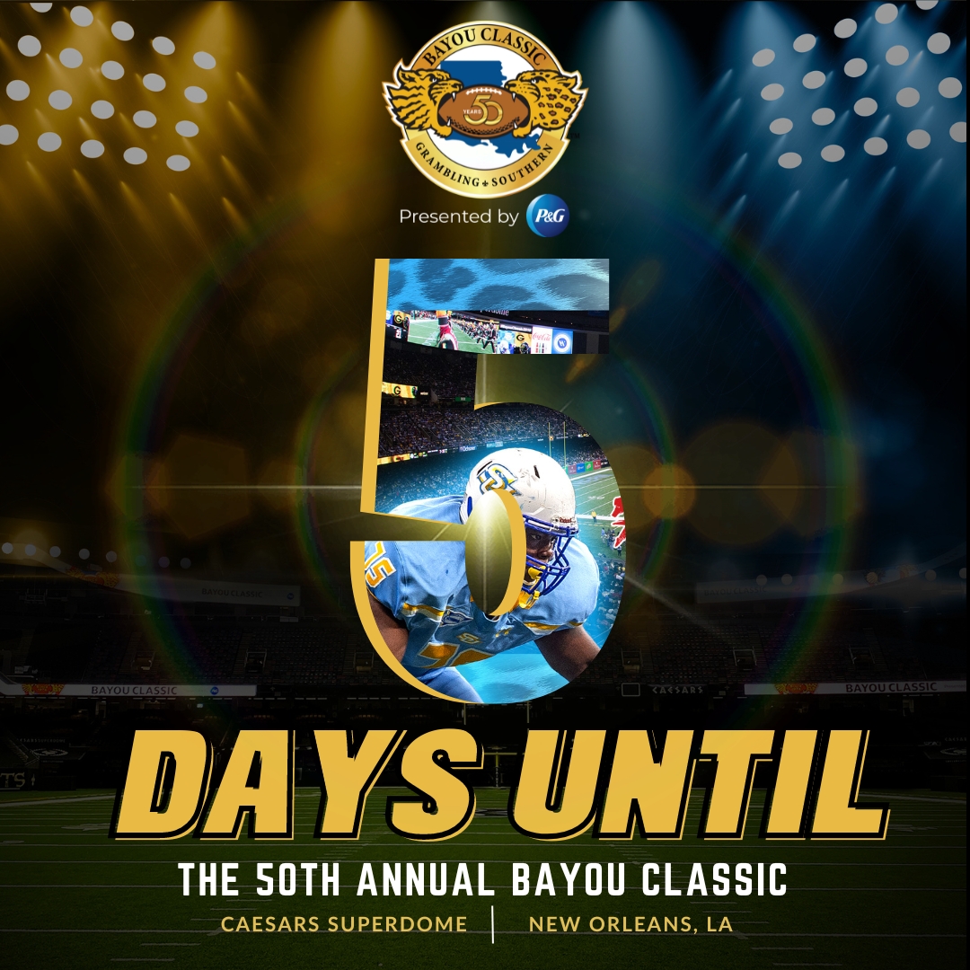BayouClassic74's tweet photo. 📣 Only 5 DAYS left until the historic 50th Annual Bayou Classic! Get ready for an epic showdown between Southern University and Grambling State University. It's a milestone you won't want to miss! #BayouClassic50 #ExperienceThePower #1HBCUClassic https://t.co/GiUWv3KjCk