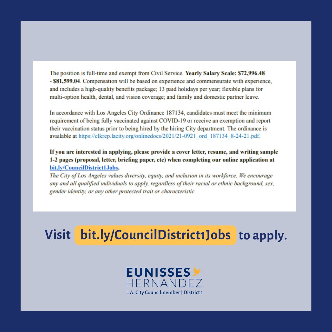 cd1losangeles's tweet photo. We're hiring! #TeamCD1 is accepting applications for a Field Deputy position on our team. Swipe through for more information about the role. To apply, please submit an application online at https://t.co/8mSU2pqFWp. https://t.co/GP7WKs7f0B