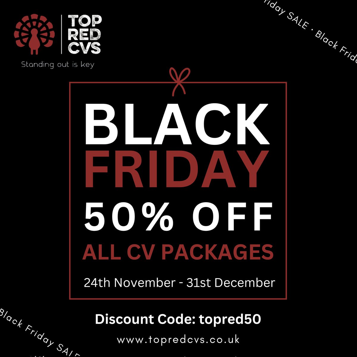 SHARE THIS HUGE BLACK FRIDAY DEAL!! 
Visit topredcvs.co.uk and receive a MASSIVE 50% off ALL CV packages #cv #resume #recruitment #jobsearch #interview #linkedIn #branding #marketing #business #work #website #online #marketing #seo #blackfriday #deal #discount #savings