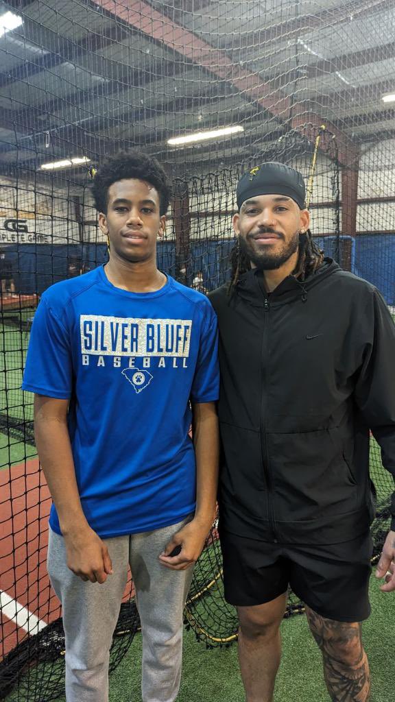AjFontanez's tweet photo. I’ve been working hard &amp; training in the off season at batting with the catcher for the San Diego Padres, #LuisCampusano!
@coachdeon02 @SBluffAthletics https://t.co/DLcBXckIcr