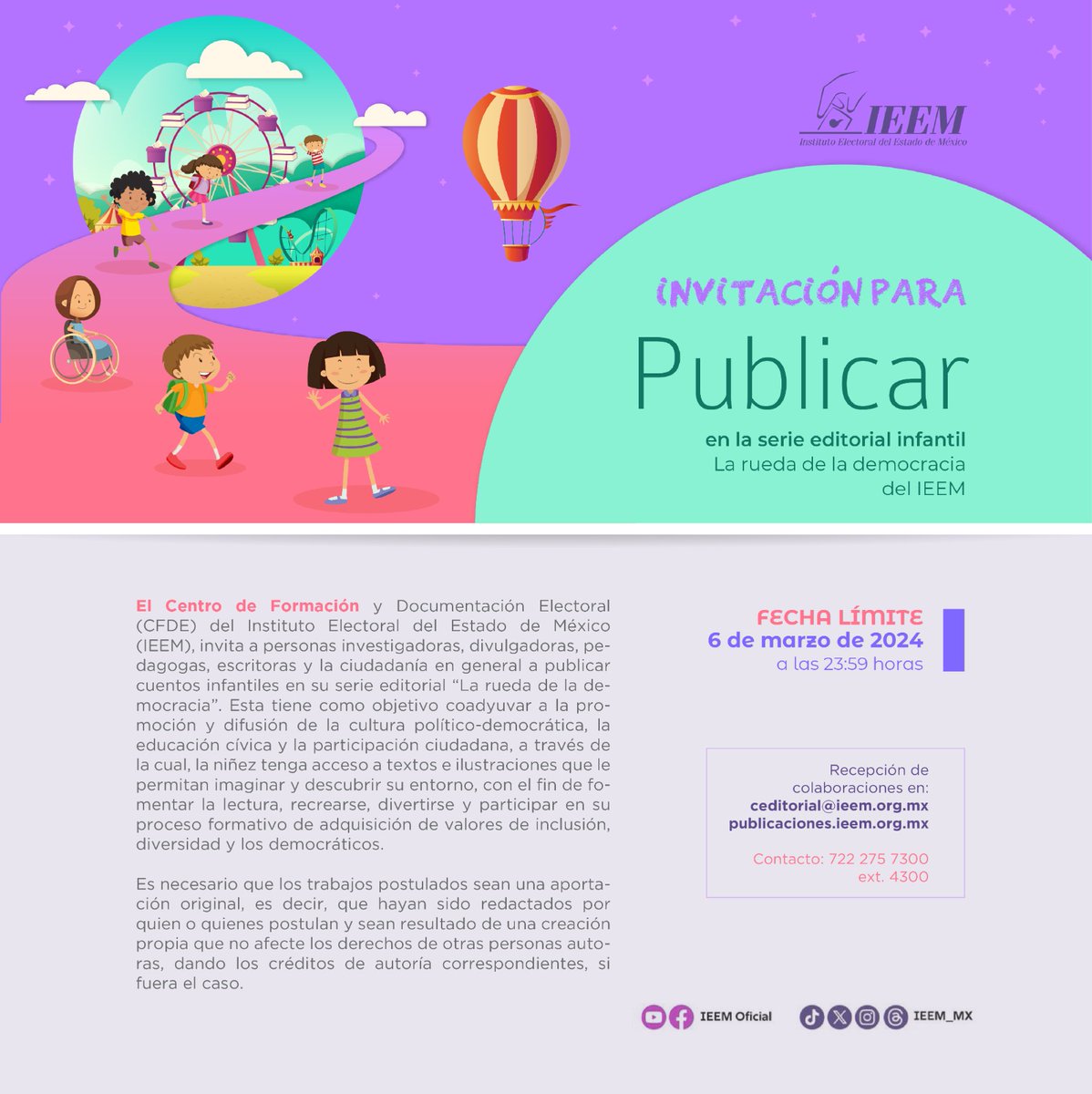 IEEM_MX's tweet photo. El IEEM te invita a publicar en la serie editorial infantil "La rueda de la democracia". 🎡

Más información en:
👉🏻 https://t.co/ED7YHhElaH https://t.co/0xOrqmvGwX