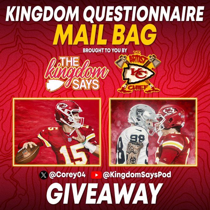 KingdomSaysPod's tweet photo. Mailbag & Giveaway!!!!
#ChiefsKingdom participate in "The Kingdom Questionaire: Mail Bag" segment and be entered in a Giveaway in partnership with @Coreyo4
To Enter:
1. Go to our YouTube (https://t.co/VwtIYfYg1S)
2. Leave a comment on the episode "Super Bowl Rematch" OR MORE RECENT with your Mailbag question. You MUST include your social media handle to contact you if you win (and to get your bonus entry).
We will select questions for the Mailbag from the comments. Having your question picked to be answered on air doesn't mean you are the winner.
The Giveaway winner will be drawn randomly from all who submitted questions, whether it was answered or not.
1 Winner.
(If we get overwhelming participation @KingdomSaysPod may do an additional drawing for an additional prize)
Bonus Entry:
1. Subscribe to Kingdom Says YouTube
2. Repost/Quote this post
3. Comment below with a screenshot of your subscription to our YouTube or your YouTube Name (for verification of completion of requirements above)
Mailbag Episode will be recorded on November 30th. The winner will be drawn on the day of recording and announced after the release of the episode.