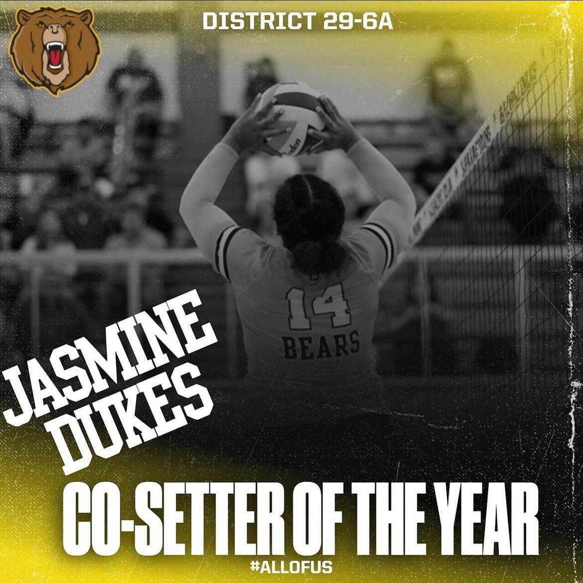 Congratulations to 18 Adidas, Jasmine Dukes for being selected as District 29-6A Co-Setter of the year!