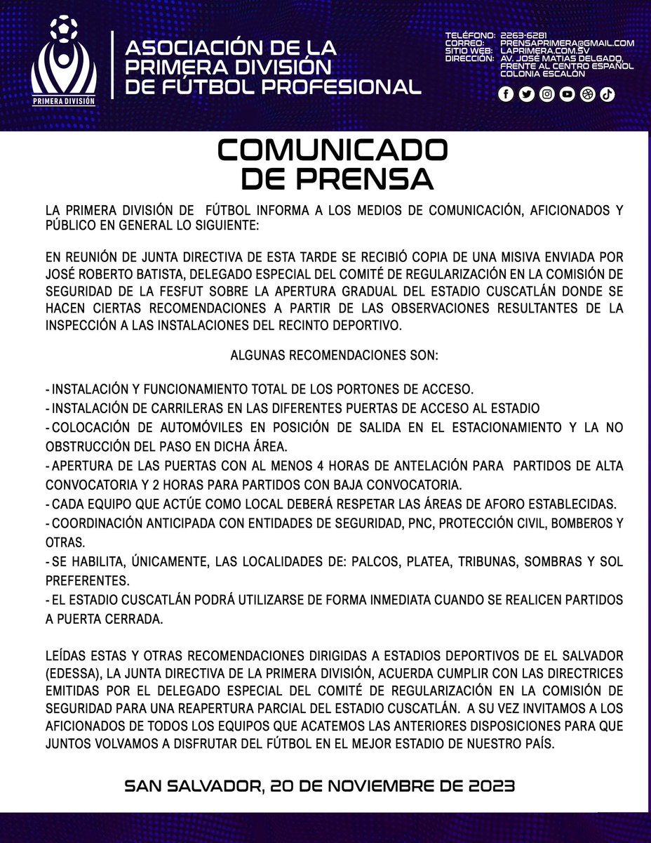 primerafutboles's tweet photo. #Oficial | COMUNICADO DE PRENSA 📝✍🏻

#LaPrimeraSv https://t.co/M9580WANxq