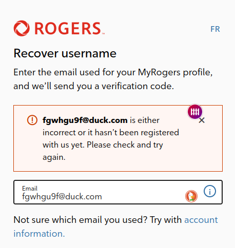 tx0dev's tweet photo. @RogersHelps Can you not say if an email is register or not? Scammer are using your password reset form to phish people and by using this tiny bit of info to look more legit than really should. https://t.co/0rssLUUxdA