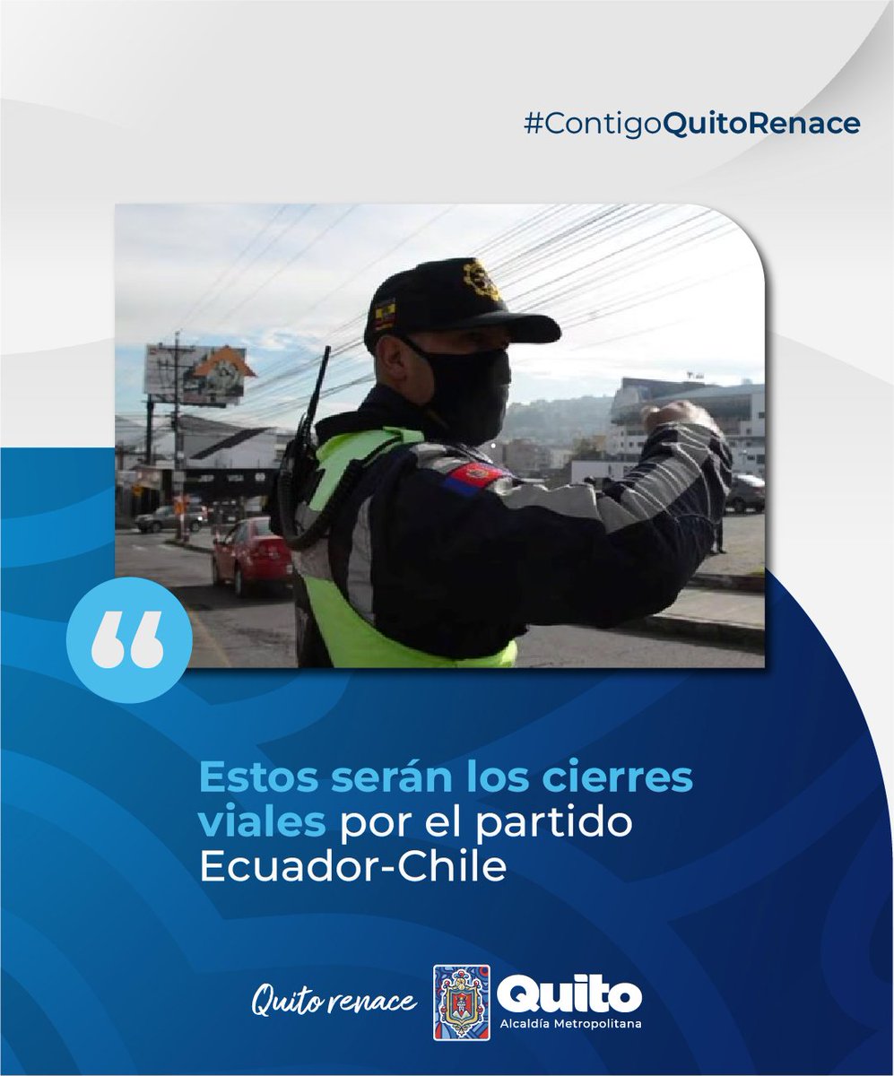 📰 #CierresViales | Hoy martes 21 de noviembre, a las 18h30, cierres viales en todo el perímetro del estadio Rodrigo Paz Delgado, por el encuentro futbolístico entre Ecuador y Chile de eliminatorias al Mundial 2026. 🔗Detalles aquí: acortar.link/M0lmTx #QuitoRenace