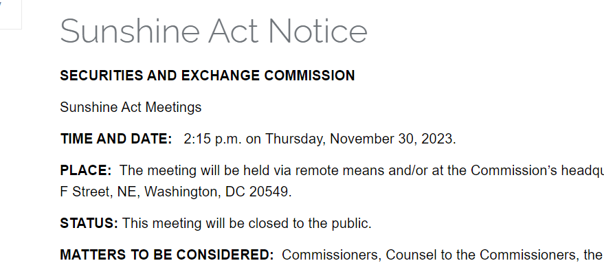 CryptoGeekNews's tweet photo. 🚨BREAKNG: CLOSED MEETING TO DISCUSS SETTLEMENT SCHEDULED BY THE SEC FOR NOV 30, 2023. THIS IS A GOOD SIGN FOR #RIPPLE AND #XRP https://t.co/41B0Wn63Xx