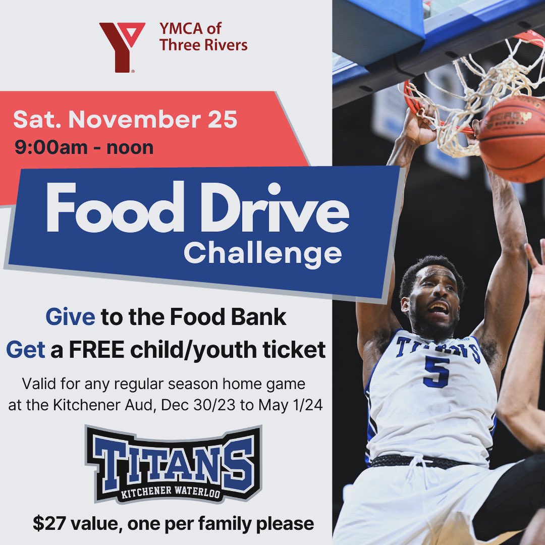 kw_titans's tweet photo. Five City Food Drive Challenge 
Saturday, November 25th - 9am to noon

Give a donation to the food bank, get a youth ticket to a KW Titans game as part of the Five-City Food Bank Challenge. Visit https://t.co/6zmay6aDVx for more information! https://t.co/jua7hsxLc6