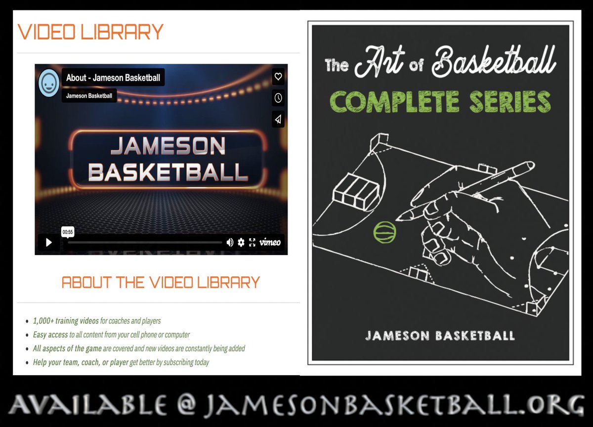 Jameson Basketball Products help you improve your skill and knowledge! Order now @ jamesonbasketball.org.. 
Video Library one year subscription $50 and The Art of Basketball books as a PDF (COMPLETE SERIES $50 or Individual Books $15).