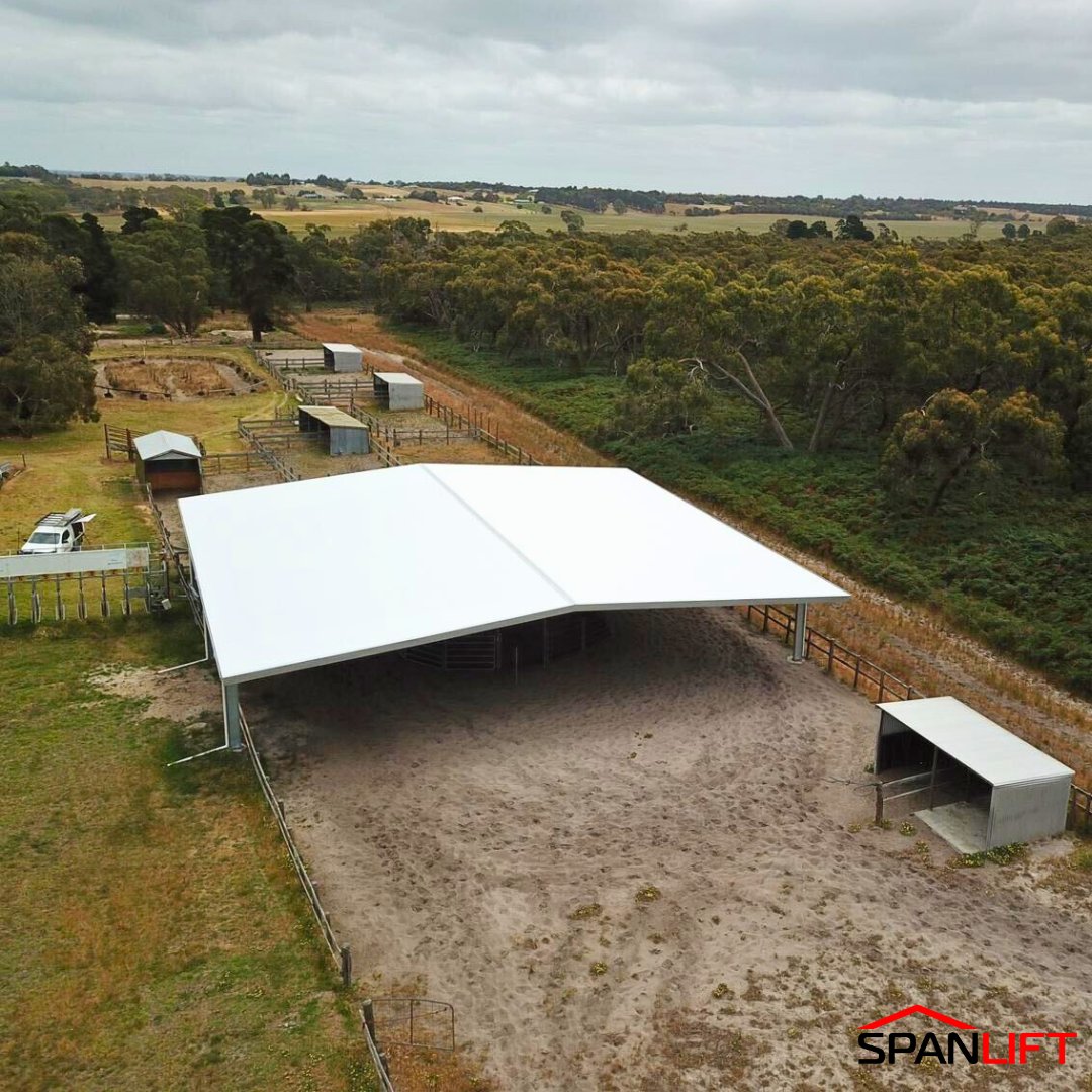 Working the #racehorses in any weather conditions will be so much easier now for Sue and the Racelands team after we installed this round yard cover! 🏇

With a range of standard clear span options from 12m through to 70m, we can build the perfect cover! spanlift.com.au/agriculture/eq…