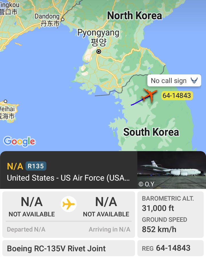 Oceanworldfree's tweet photo. ๐บ๐ธUSAF 64-14843 #AE01C5
๐ฐ๐ท #ROKN Republic Of Korea Navy
#71F808
Boeing RC-135V Rivet Joint
Lockheed P-3C Orion https://t.co/lPWnYzmsKH