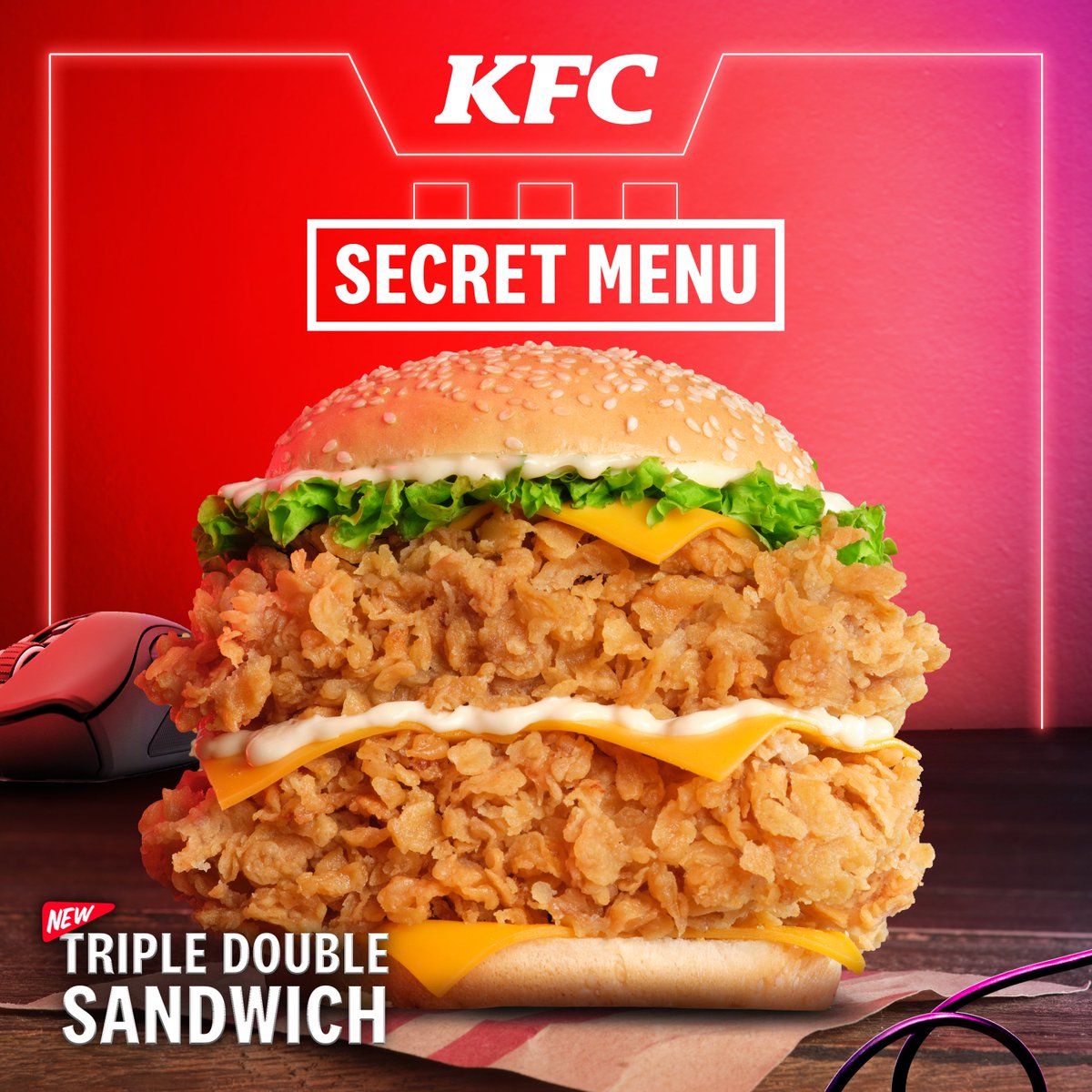 KFCPhilippines's tweet photo. New mission unlocked: Triple Double Sandwich  from the #KFCSecretMenu! Amplify your game flavors that'll ignite your taste buds! 🍔

Get your KFC fix through https://t.co/JfP7CcJD8w, KFC App, 88-87-8888, or GLife. https://t.co/UnvnLGoGuJ