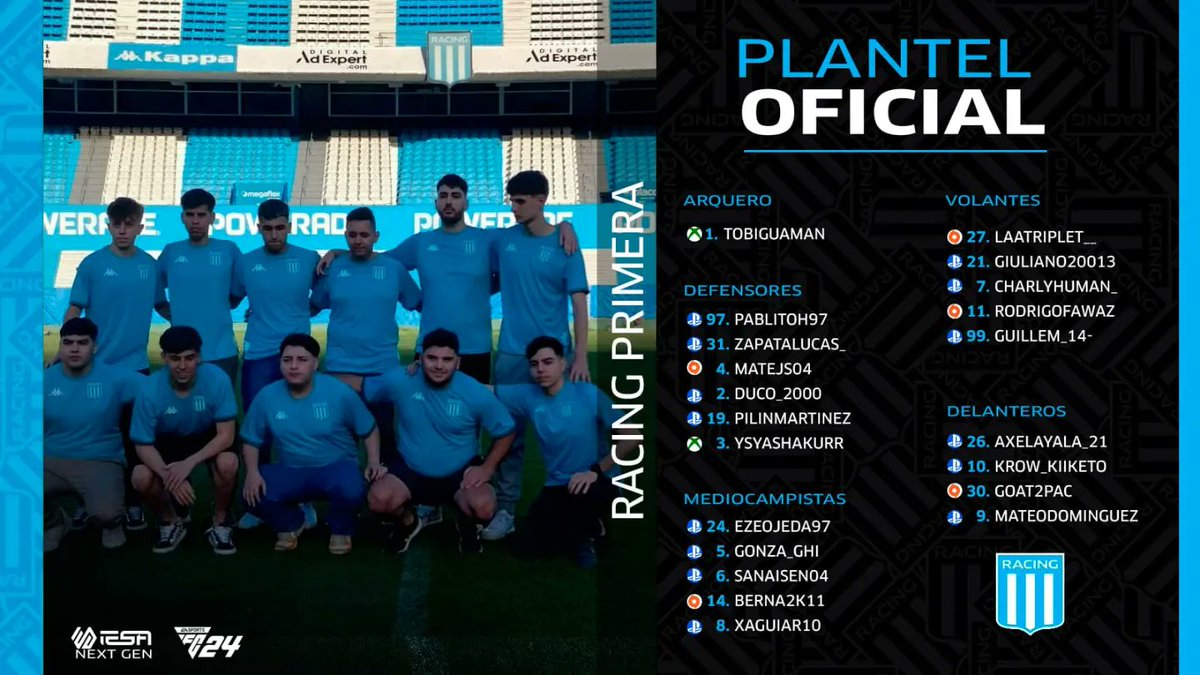 e_RacingClub's tweet photo. ¡LE DAMOS GRACIAS A LOS JUGADORES... GRACIAS POR SALIR CAMPEONES!

El dia de hoy tenemos el gusto de presentarles al plantel que nos representará en la liga @IESAFIFAar de primera división #NEXTGEN

Después del hito de la Copa IESA AGS 2023.

¡VAMOS POR LA SEGUNDA!

#VAMOSRACING https://t.co/Qio7hTHCz4