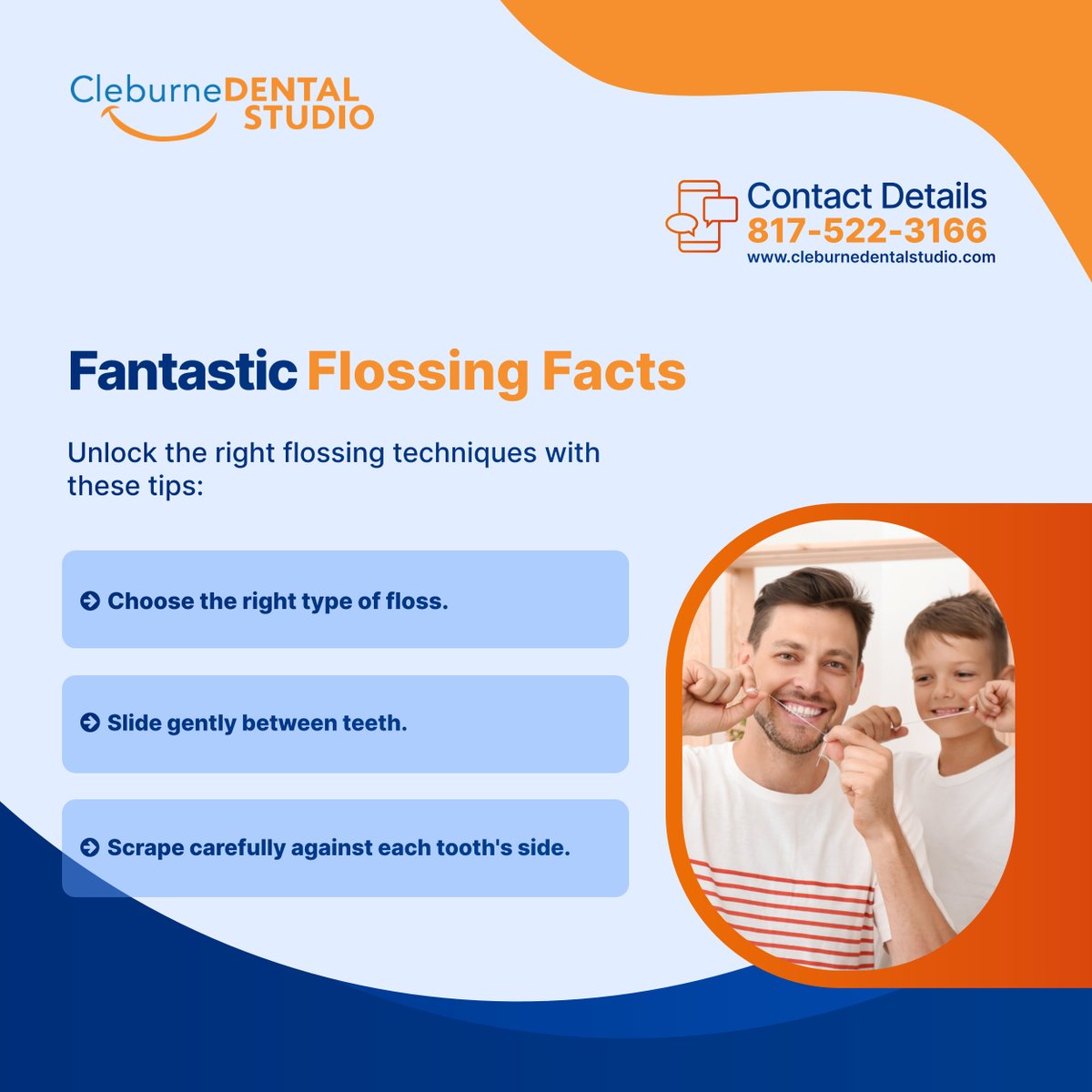 cleburnedntlstd's tweet image. Master the art of effective flossing with these invaluable tips. Select the perfect floss, glide gently, and scrape with care. A comprehensive oral hygiene routine starts here!

#DentalCare #FlossingFacts #CleburneTX