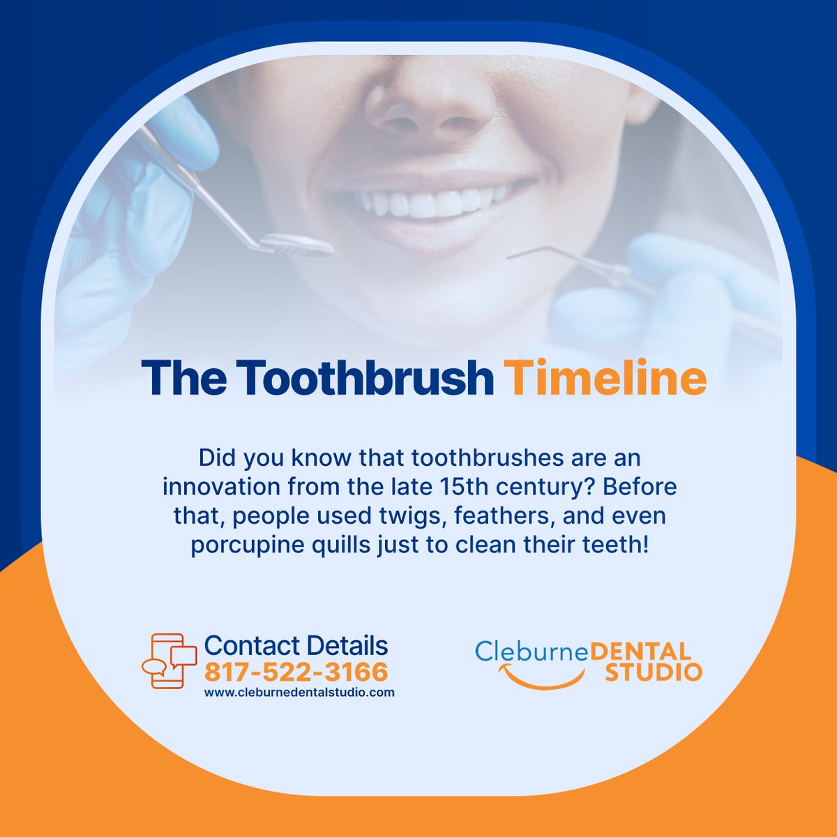 cleburnedntlstd's tweet image. Dive into the fascinating realm of dental history. From twigs and feathers to toothbrushes, our oral hygiene practices have certainly evolved since the 15th century!

#CleburneTX #DentalCare #ToothbrushTimeline