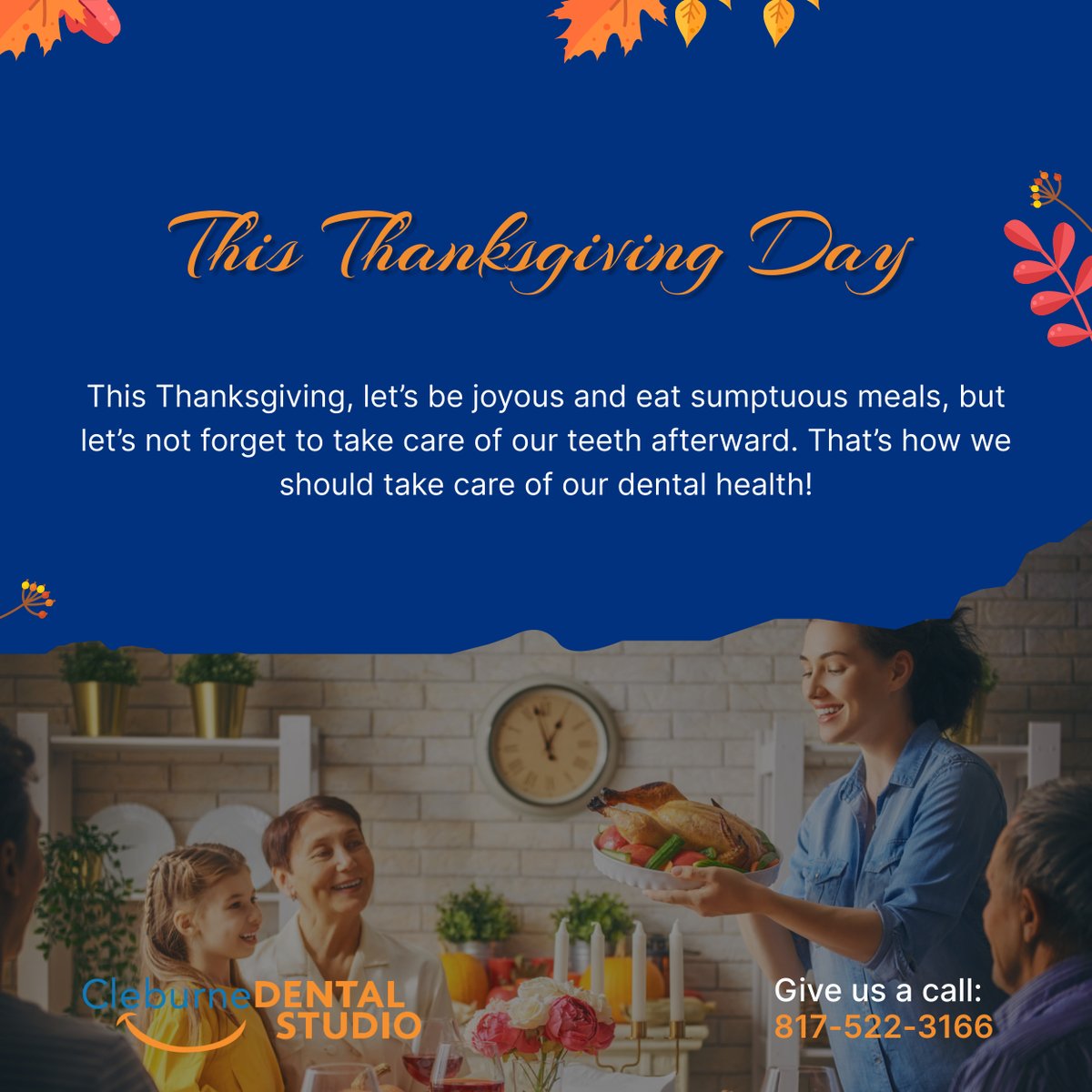 cleburnedntlstd's tweet image. This Thanksgiving, as we revel in delightful feasts, let&apos;s also remember to pay attention to our dental health. Savor the joyous moments without neglecting our teeth—a perfect balance!

#ThanksgivingDay #CleburneTX #DentalCare