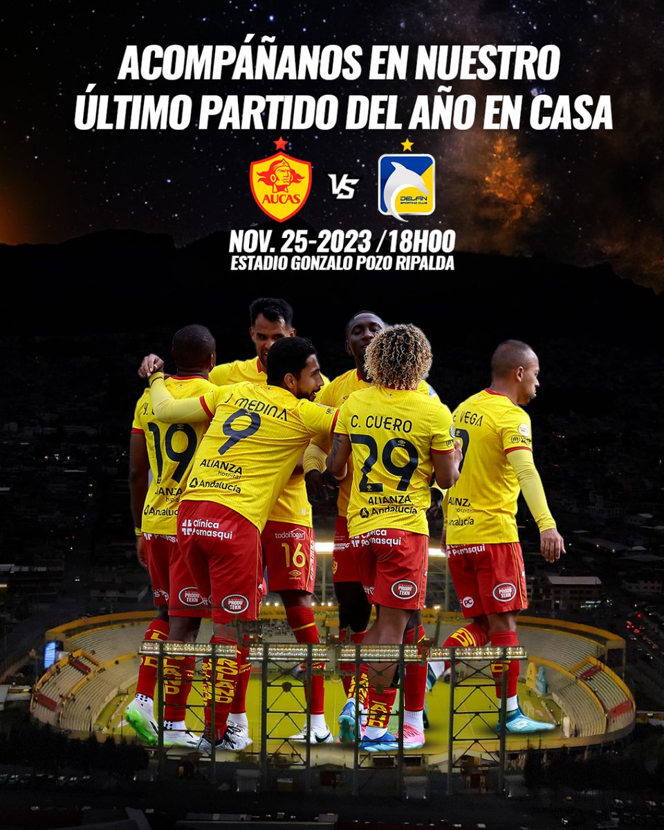 Aucas45's tweet photo. Este sábado tenemos un partido crucial en casa y tu presencia es indispensable ⚔️🔜🏆

¡Vamos, AUCAS! ✊🏼

🆚 Delfín SC 
🏟️ Estadio Gonzalo Pozo Ripalda 
📆 Sábado 25 de noviembre 
⌚ 18:00

#LaNuevaHistoria
#VamosPorMás
#Aucas2023 🟡🔴 https://t.co/FKhbCi9DSC