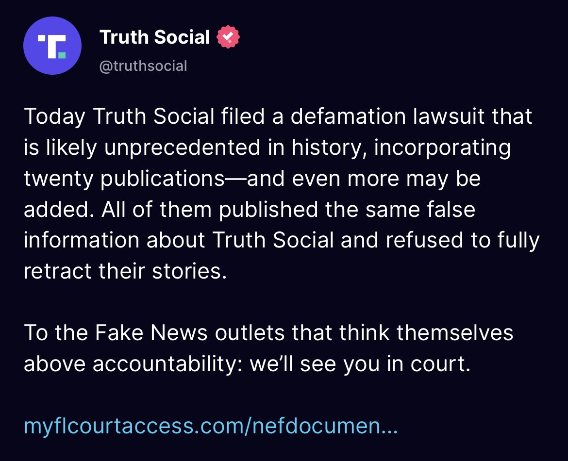 Truth Social just filed an unprecedented defamation lawsuit incorporating twenty media companies. The tide is finally turning, corporate media and activists are going to feel the heat 🔥