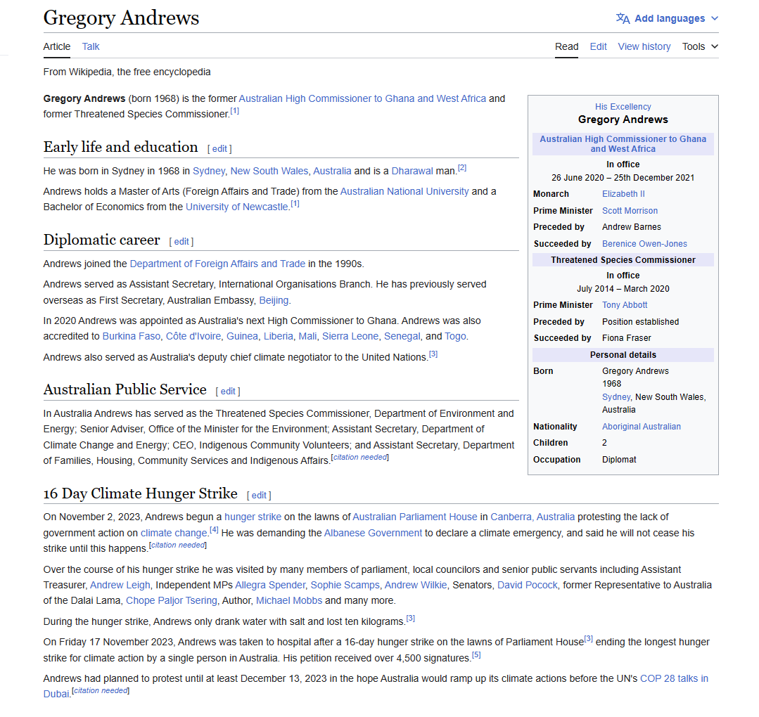 Can someone please correct the Wiki page for Gregory Andrews?
It should reflect a true and unbiased view of Greg.

#ClimateHungerStrike