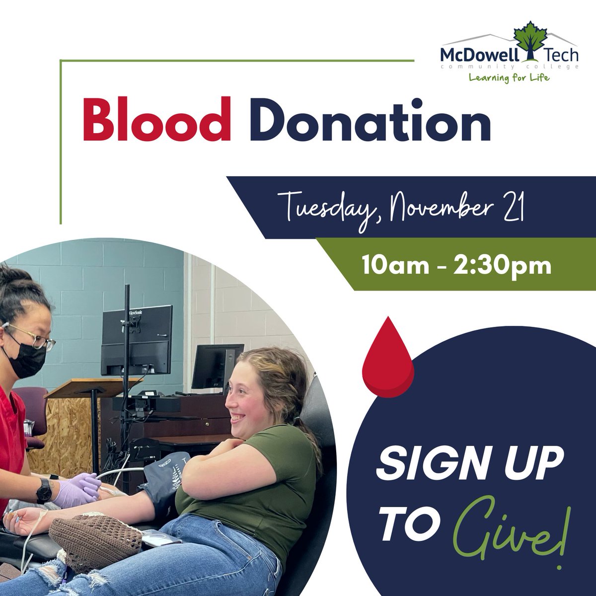 McDowellTechCC's tweet photo. 'Tis the season to give thanks, and give life.

Your donation can make a huge impact on someone's life, and it's a wonderful way to express gratitude this holiday season!

Schedule YOUR donation time below!
https://t.co/WVdJMRGcBF https://t.co/rTGr9YwxE1