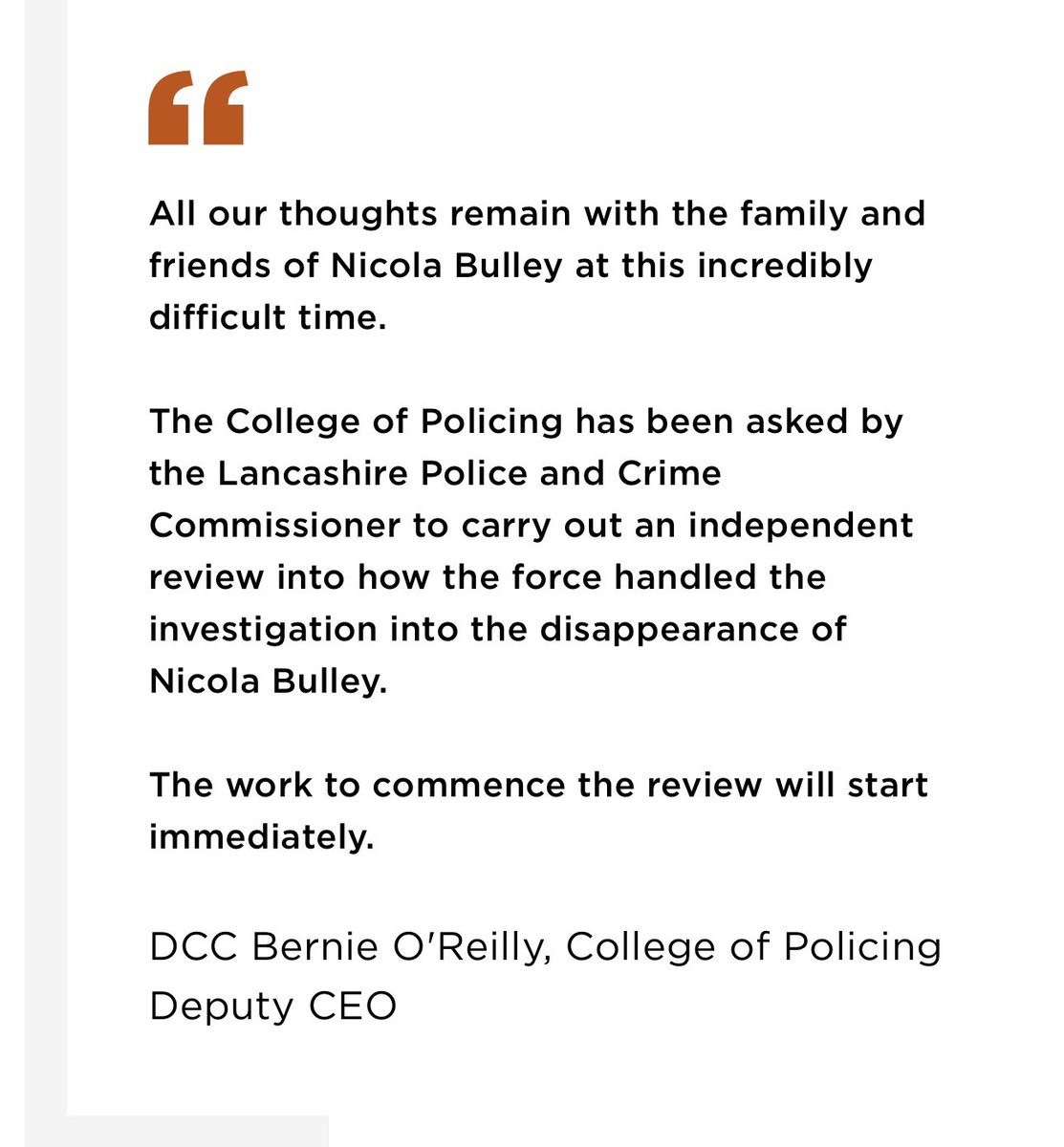 mwilliamsthomas's tweet photo. Nicola Bulley report released tomorrow after short delay -  it’s been undertaken by the College of Policing . Could be some headlines coming from it tomorrow . Certainly lots of serious failings by @LancsPolice . https://t.co/aYgRY6VMLx