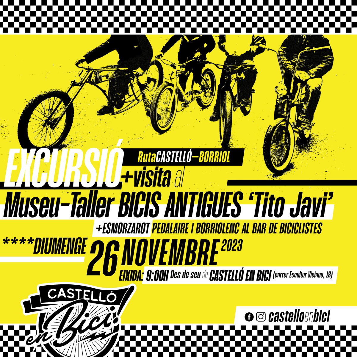 castelloenbici's tweet photo. #BiCiDiUMENGE amb @castelloenbici diumenge 26 NOVEMBRE → Borriol:
 → BICIExcursió + visita al Museu-Taller Bicis Antigues Tito Javi.
 → Esmorzarot Bar dels biciclistes
#EIXIDA: 9.00H des de la seu de #CastellóEnBici (c/ Escultor Viciano, 18). https://t.co/sZncDRm7aP